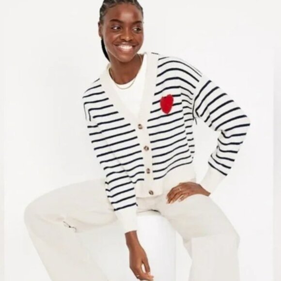 Old Navy Sweaters - Old Navy NWT Cream and Black Striped Cardigan Sweater with Heart - Size XS